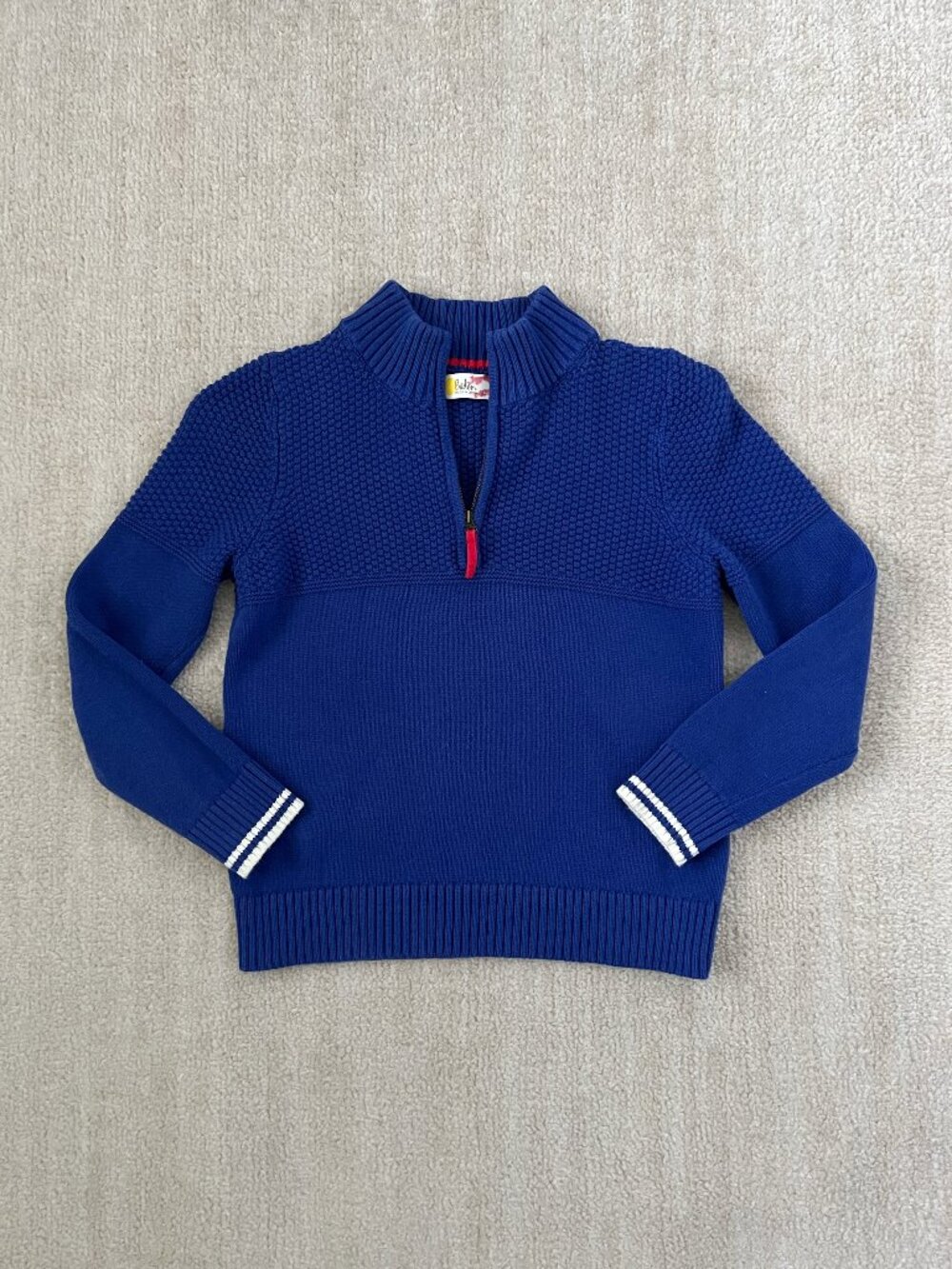 Mini Boden Boys Blue Textured Cotton Quarter Zip Knit Pullover Sweater Size 9-10